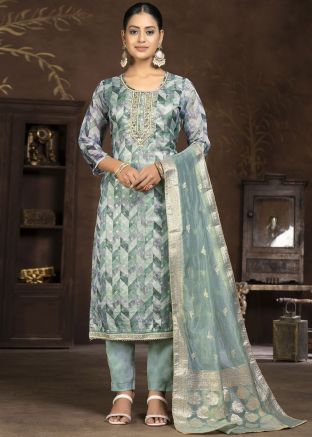 Grey Organza Pant Suit In Digital Print