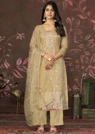 Beige Cotton Digital Printed Pant Suit Set