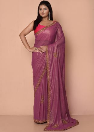 Mauve Pink Embroidered Georgette Saree