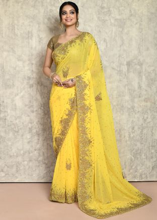 Yellow Georgette Embroidered Border Saree