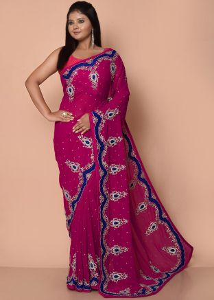 Pink Handwork Embroidered Saree & Blouse
