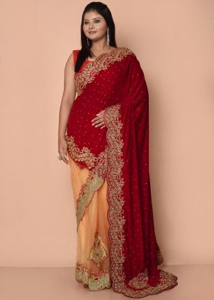 Peach & Red Half N Half Embroidered Saree