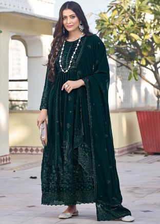 Teal Green Thread Embroidered Anarkali Suit