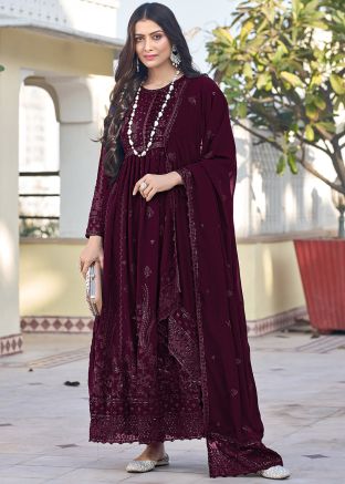 Wine Embroidered Anarkali Suit & Dupatta