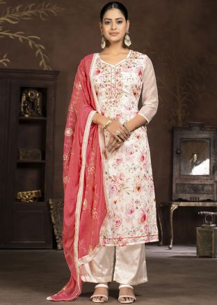 White Digital Printed Pant Suit In Art Silk