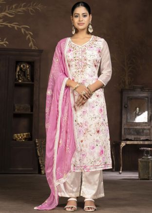 White Digital Printed Art Silk Pant Suit 
