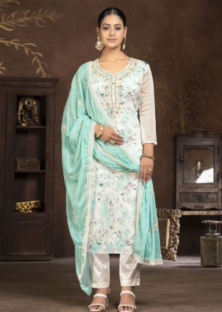 White Digital Printed Art Silk Pant Suit Set