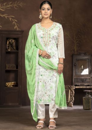 White Art Silk Pant Suit  In Digital Print