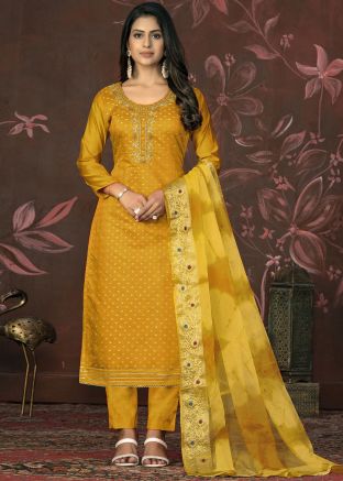 Yellow Embroidered Pant Suit In Art Silk