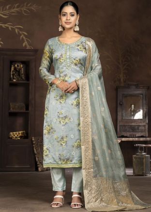 Grey Digital Printed Pant Suit In Organza