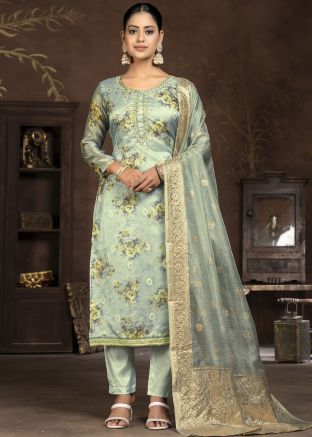 Sage Green Printed Organza Pant Suit Set