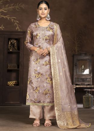 Mauve Brown Organza Pant Suit In Digital Print