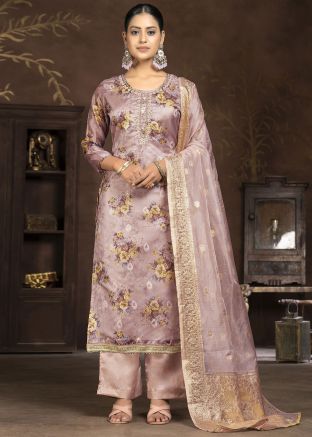 Light Pink Embroidered Pant Suit In Organza