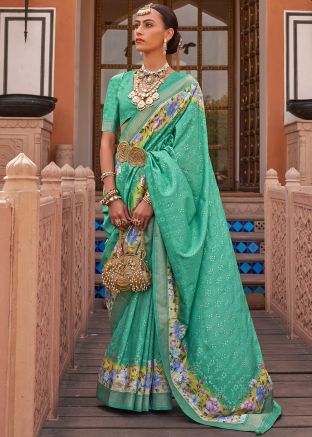 Green Floral Printed Saree In Art Silk
