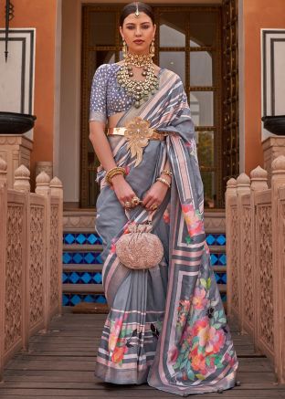 Grey Woven Border Art Silk Saree