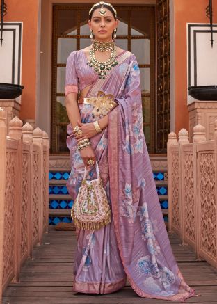 Purple Art Silk Floral Print Saree
