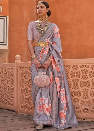 Grey Art Silk Saree In Floral Print