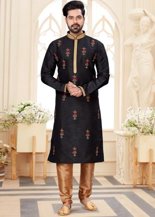 Black Dupion Silk Embroidered Kurta Churidar Set