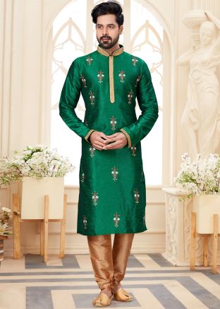 Green Dupion Silk Embroidered Kurta Churidar Set