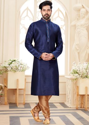 Readymade Navy Blue Dupion Silk Kurta With Churidar