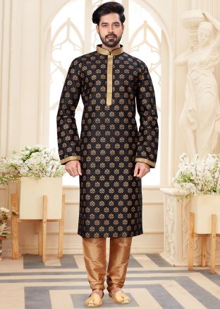 Black Dupion Silk Printed Kurta Churidar Set