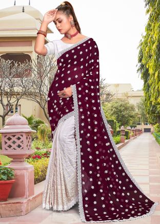 Magenta & White Half N Half Embroidered Saree
