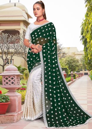 Green & White Embroidered Half N Half Saree