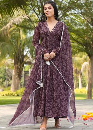 Readymade Wine Printed Anarkali Suit