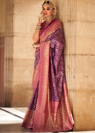 Purple Woven Detailed Viscose Saree