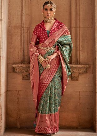 Green Viscose Saree In Woven Work