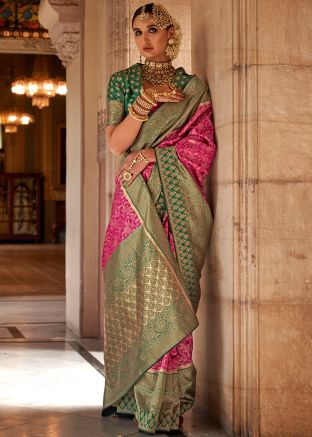 Pink Woven Viscose Saree & Blouse