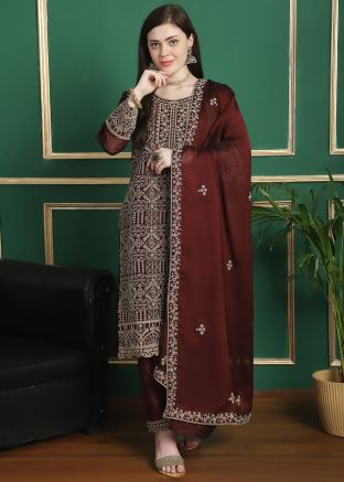 Maroon Dori Embroidered Georgette Pant Suit