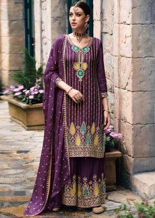 Purple Embroidered Palazzo Suit Set