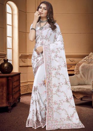 White Resham Embroidery Saree In Georgette