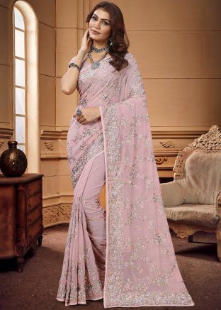 Pink Resham Embroidery Georgette Saree 