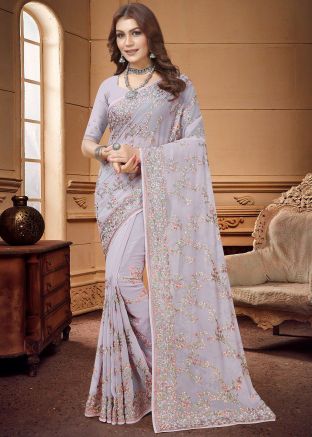 Purple Embroidered Saree In Georgette
