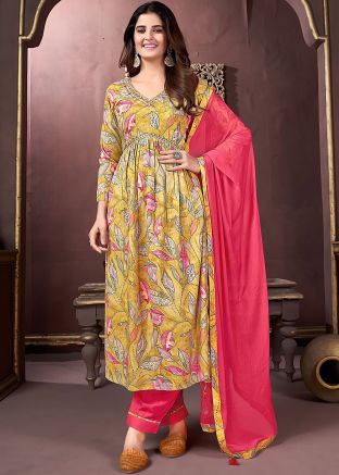 Yellow Digital Printed Readymade Pant Suit In Rayon