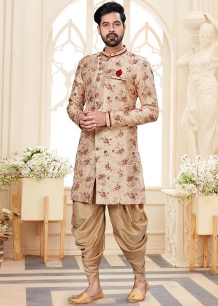Readymade Cream Jacquard Woven Sherwani With Dhoti