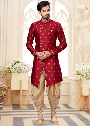 Maroon Asymmetric Jacquard Readymade Sherwani Dhoti Set