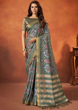 Green Printed Crape Saree