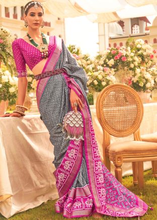 Grey Art Silk Saree In Patola Print