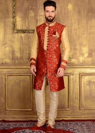 Readymade Red Brocade Indo Western Sherwani