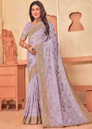 Purple Embroidered Crape Saree