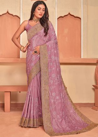 Pink Crape Saree In Stone Work