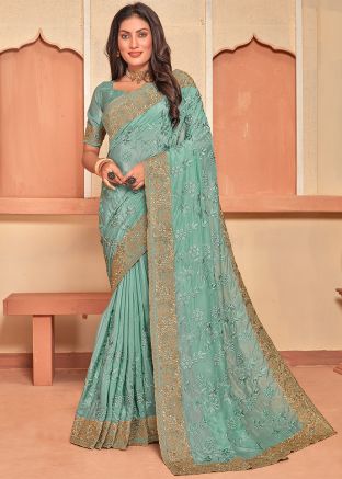 Blue Embroidered Saree In Crape