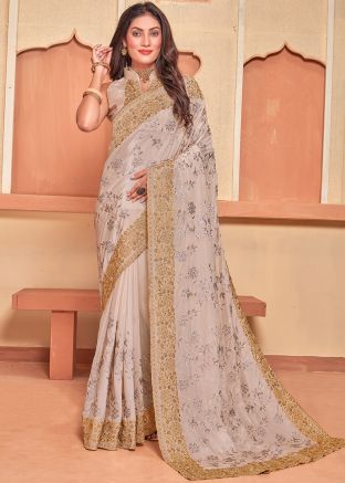 Beige Embroidered Crape Saree
