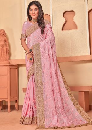 Pink Crape Saree In Stone Work
