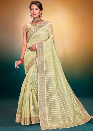 Green Embroidered Saree In Tissue