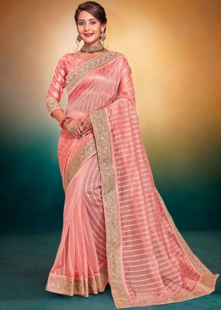 Peach Tissue Saree In Sequins Embroidered
