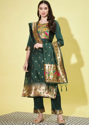 Readymade Green Zari Woven Pant Suit Set